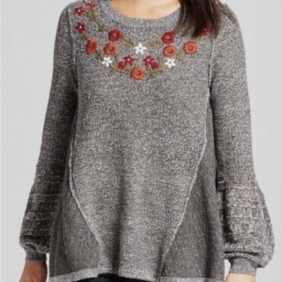 Knox Rose Embroidered Floral sweater Boho Knit Balloon Sleeve Gray red SMALL - Picture 2 of 10